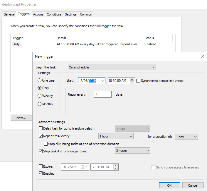 Trigger tab in *deploywapt* Properties window