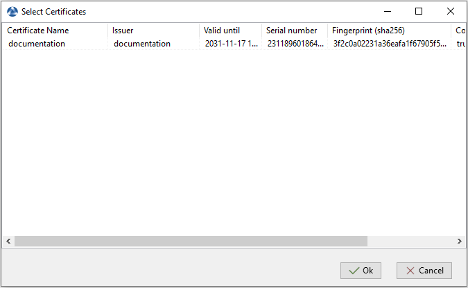 Dailog box for selecting the certificate in the WADS Console