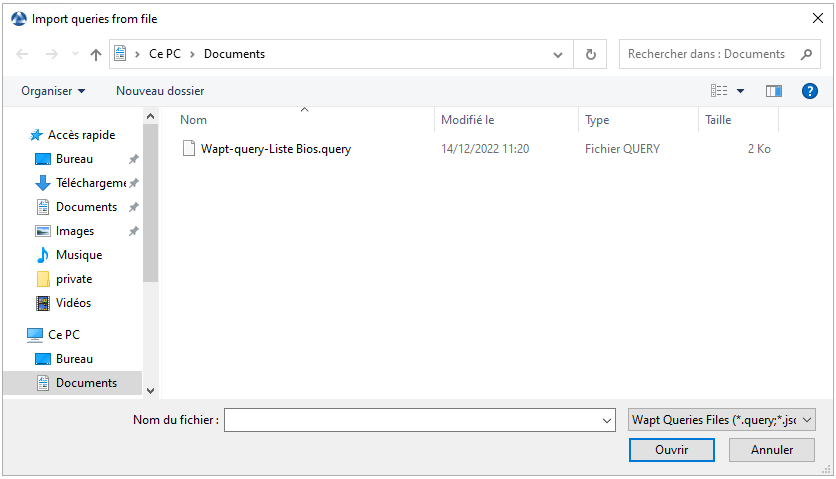 Importing a SQL query report in the WAPT Console from a file