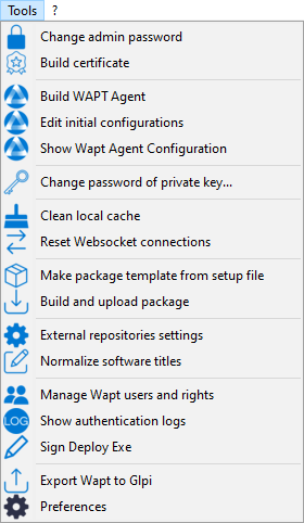 Tools menu in the WAPT Console