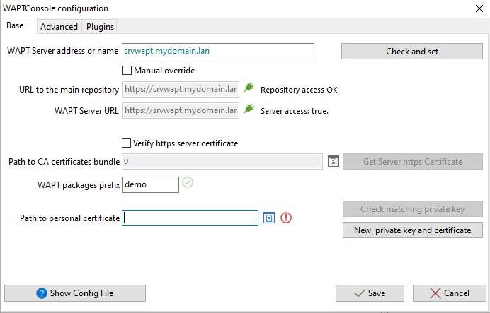 Window for the basic configuration of the WAPT Console