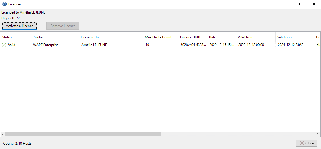 Window showing an activated licence in the WAPT Console