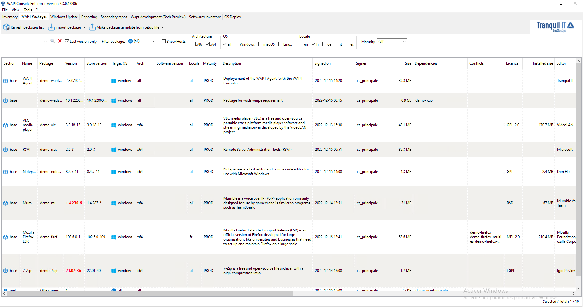 Window showing the repositories available on the WAPT Console