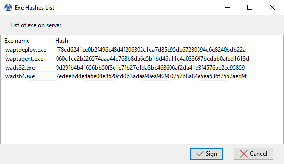 Window for signing binaries in the WAPT Console