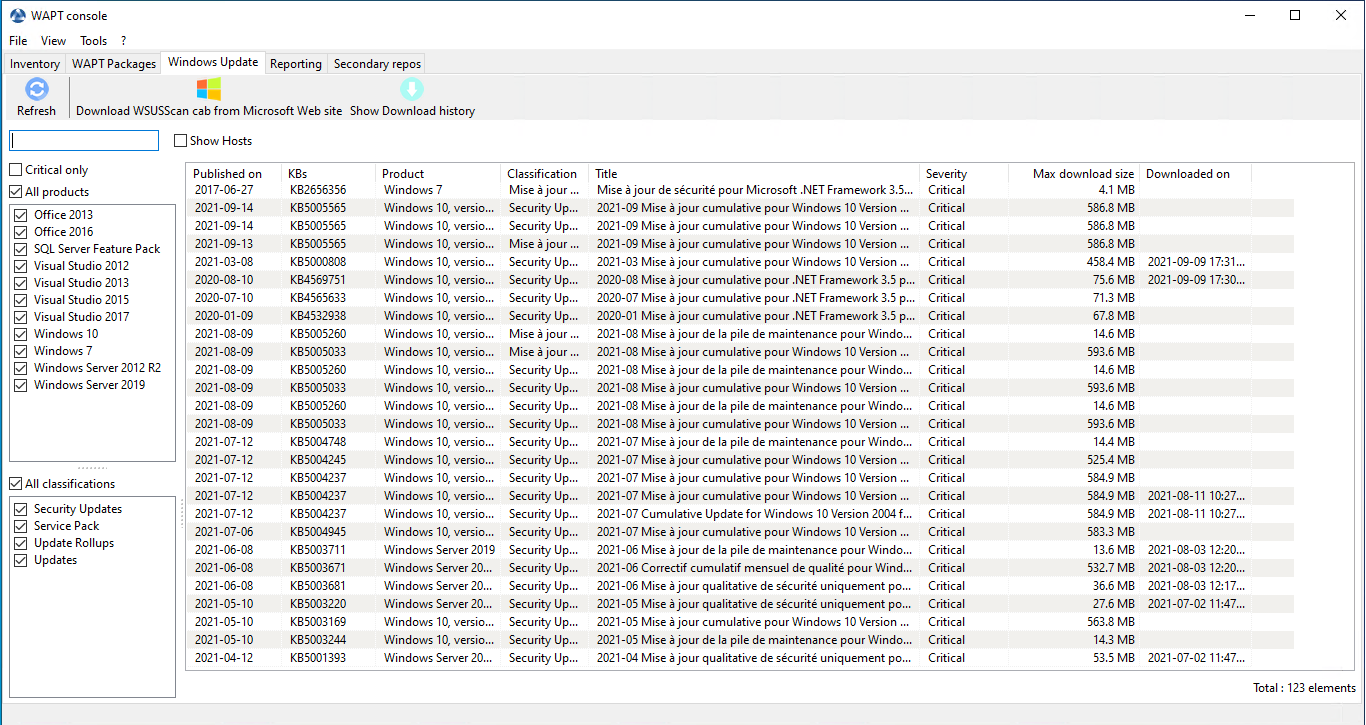 Listing of Windows Updates in the WAPT Console