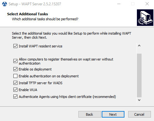 Choosing the installer options for deploying the WAPT Serer