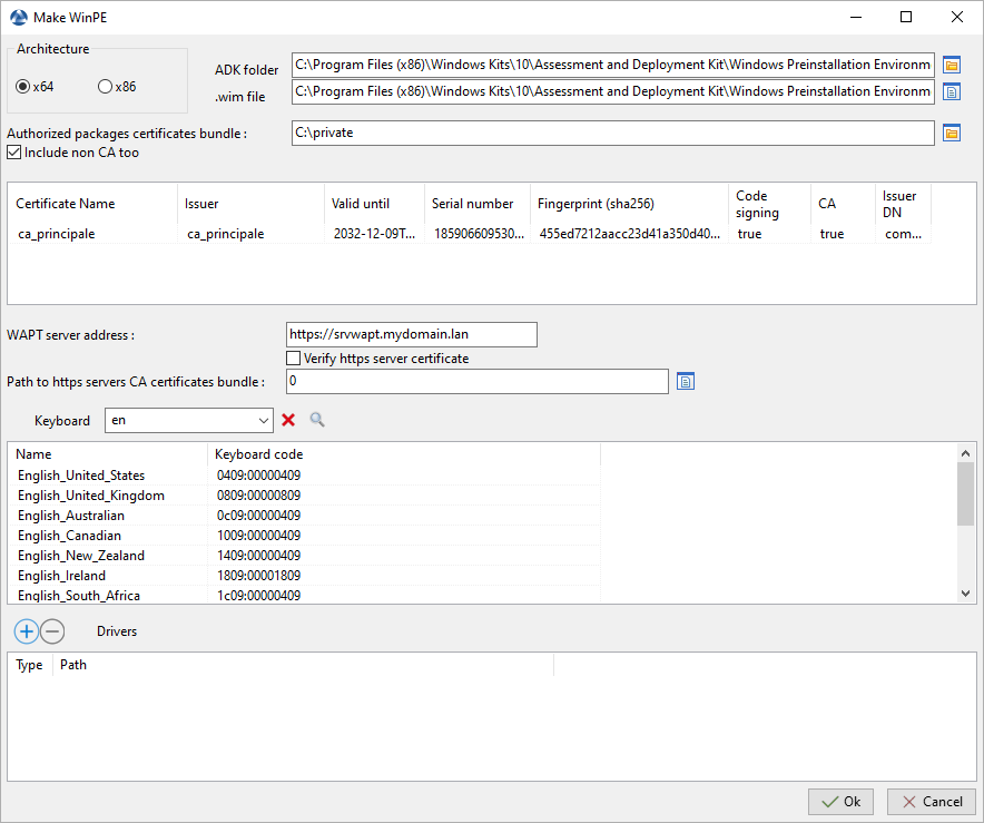 Dialog box for selecting the keyboard in the WADS Console, certificates and drivers