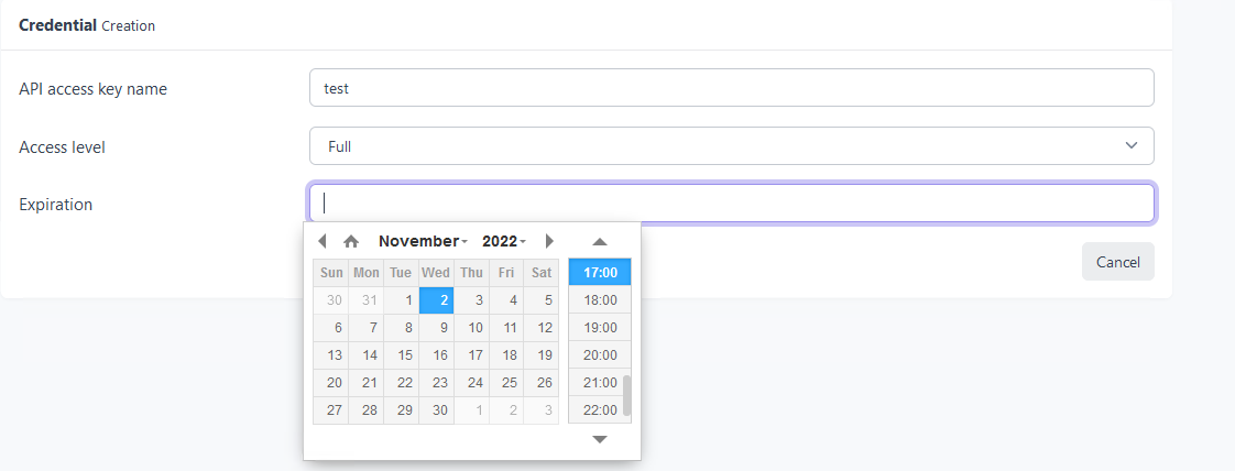 Enter API key name, access_level and expiration
