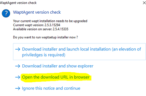 Screen capture of the WAPT Console showing the "Open the download url of the waptsetup in the brower" button