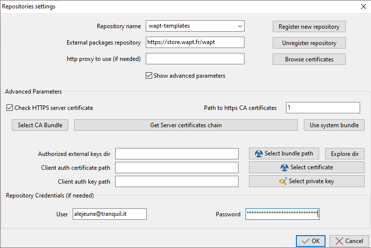 WAPT Console advanced parameters for credentials