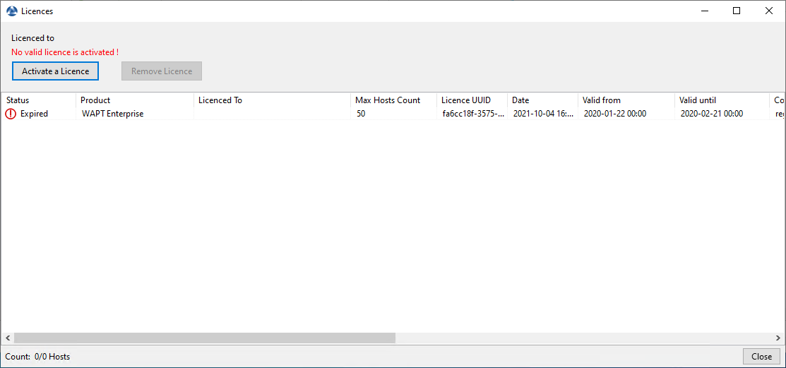 Window showing an expired licence in the WAPT Console