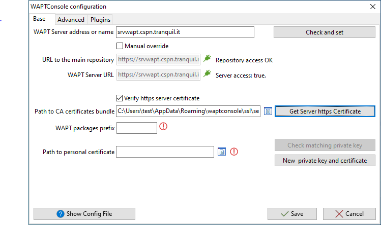 The WAPT Console configuration SSL OK