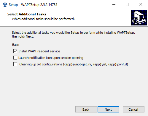 Choosing the installer options for deploying the WAPT Agent