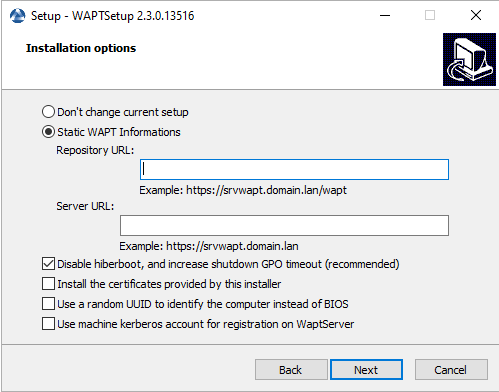 Choosing the WAPT repository and the WAPT Server