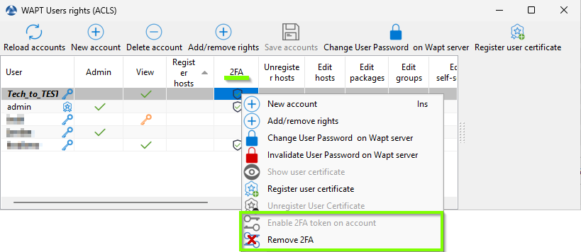 wapt console ACL Users 2FA