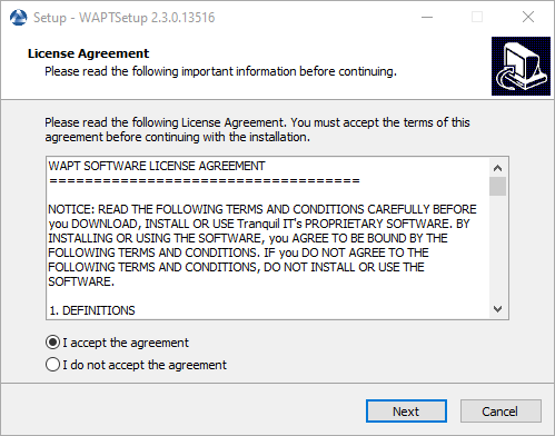 Accepting the WAPT license terms