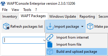 Option de menu *build-upload* dans la console WAPT