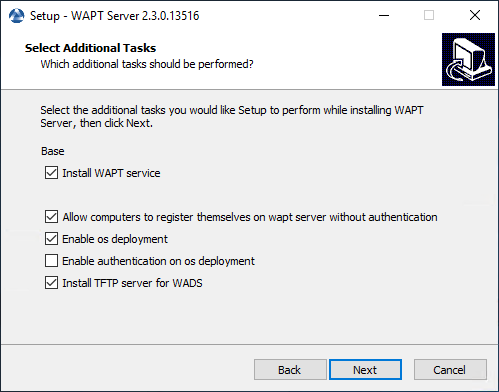 Choosing the installer options for deploying the WAPT Serer