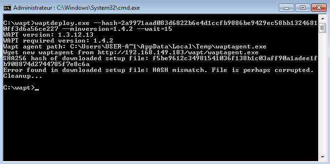 Erreur avec le hachage de l'utilitaire WAPT Deploy dans une fenêtre de terminal texte