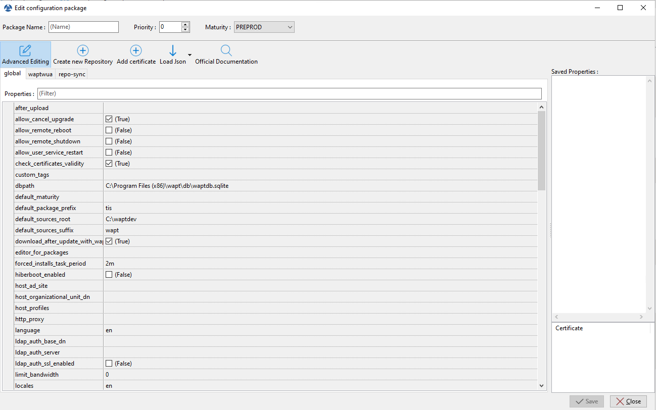 Formulaire de configuration avancée d'un Agent WAPT