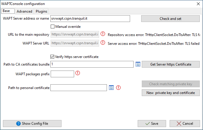 Erreur TLS dans la configuration de la Console WAPT.