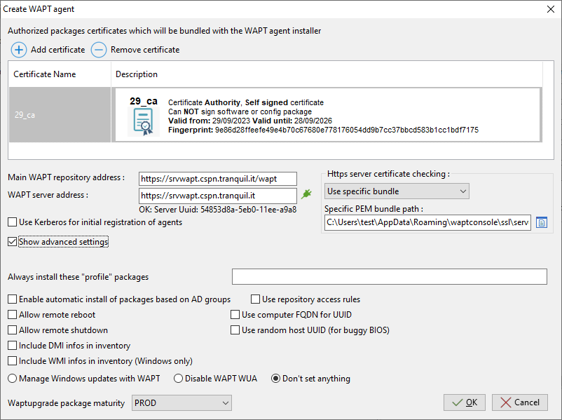 Définir d'autres paramètres pour la configuration de l'Agent WAPT