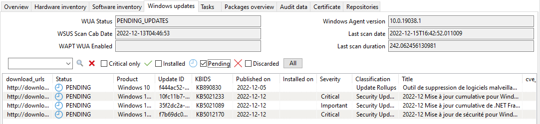 Les mises à jour Windows en attente affichées dans la Console WAPT