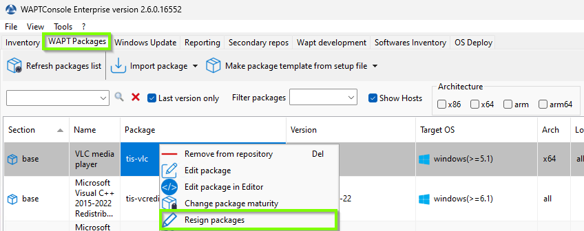 Re-signer avec la console WAPT