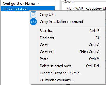 Liste de menus montrant l'option *Copy installation command*